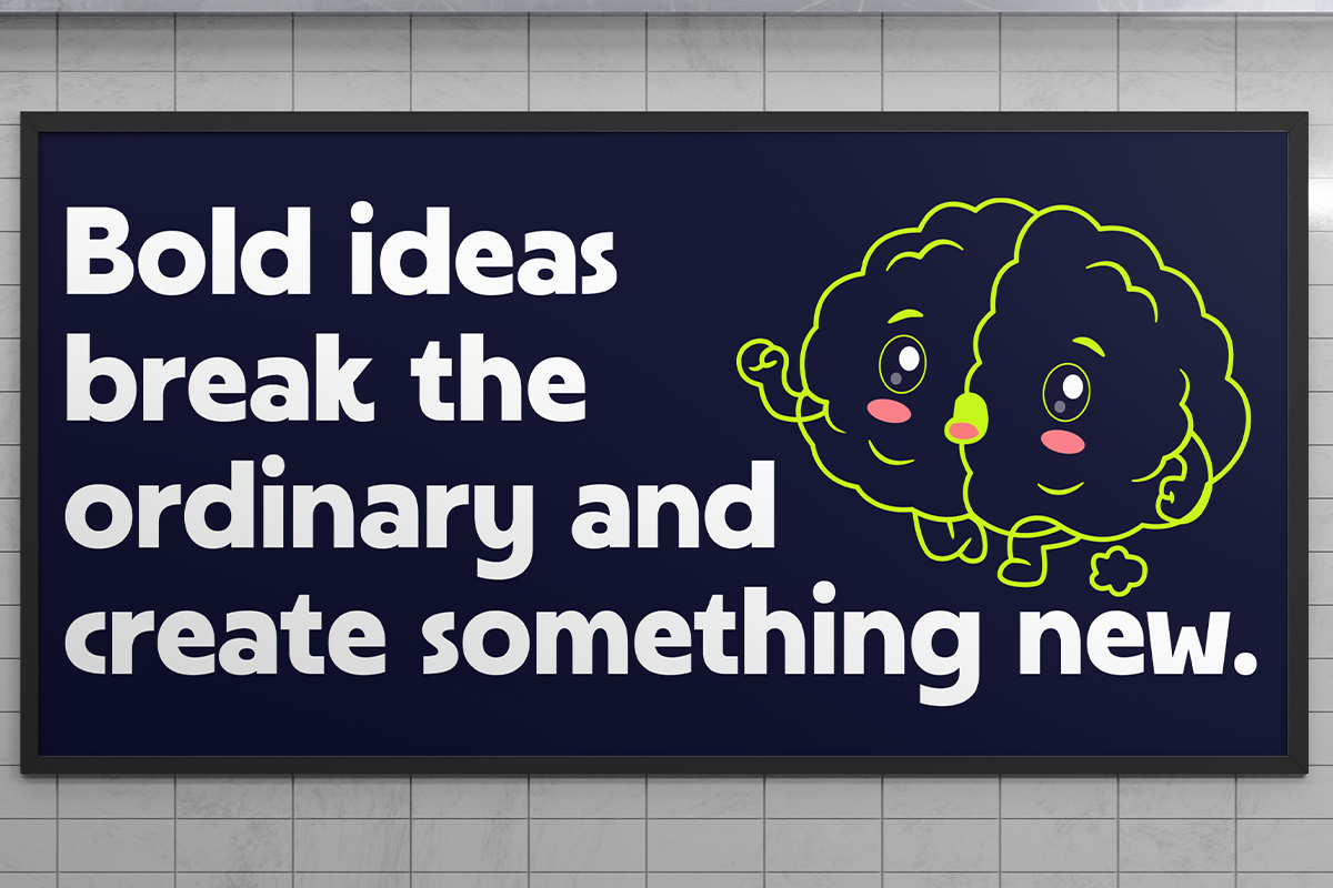 Motivational poster with bold white text on navy background plus cute yellow outlined brain character with happy face