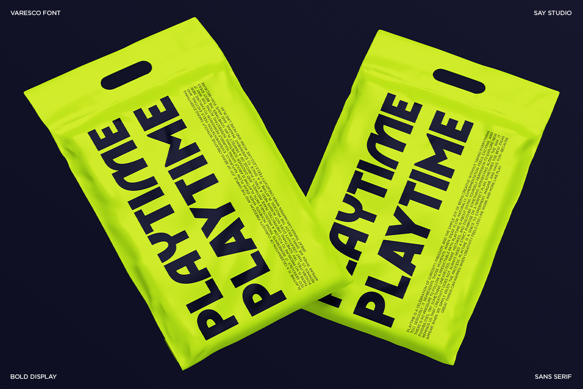 Varesco font displayed on two neon yellow plastic bags with bold black typography against dark background
