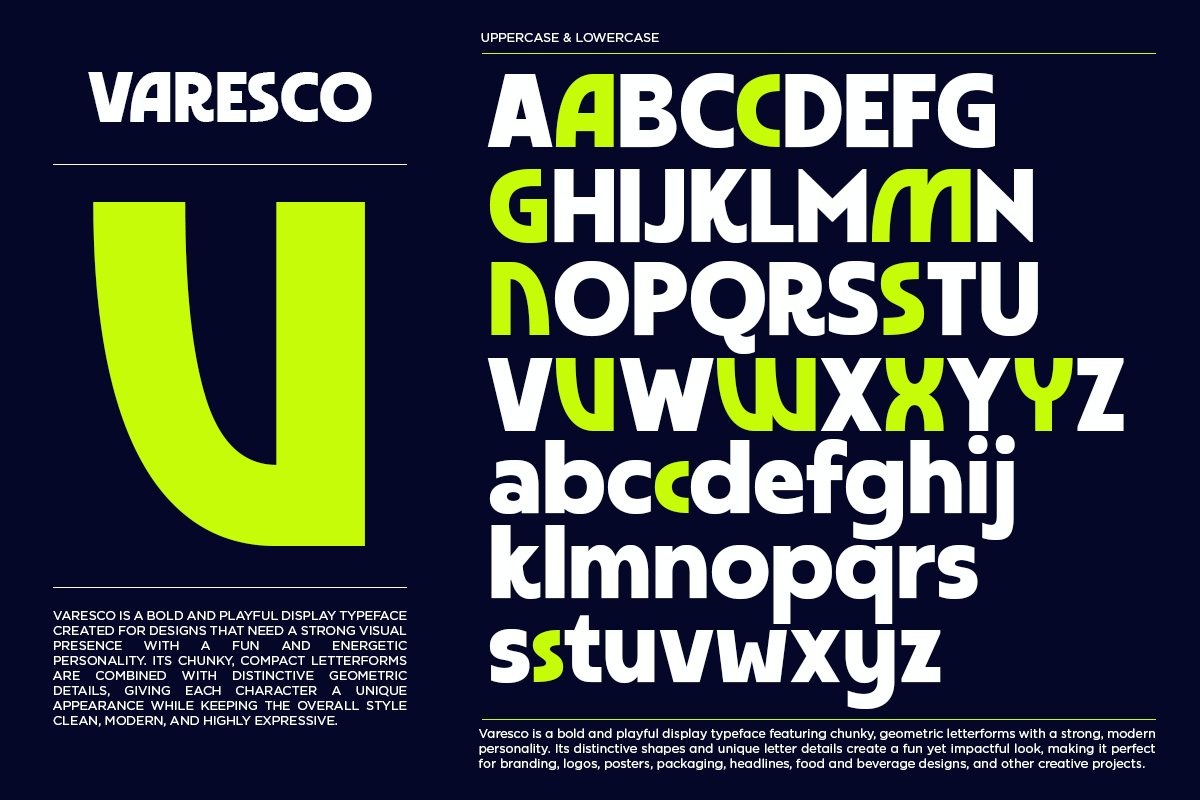 Varesco bold display font with neon yellow highlights on dark navy background showing full character set