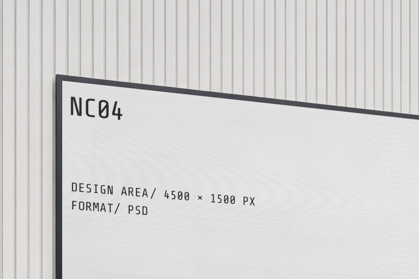 Framed poster mockup on corrugated wall showing NC04 design specs in PSD format