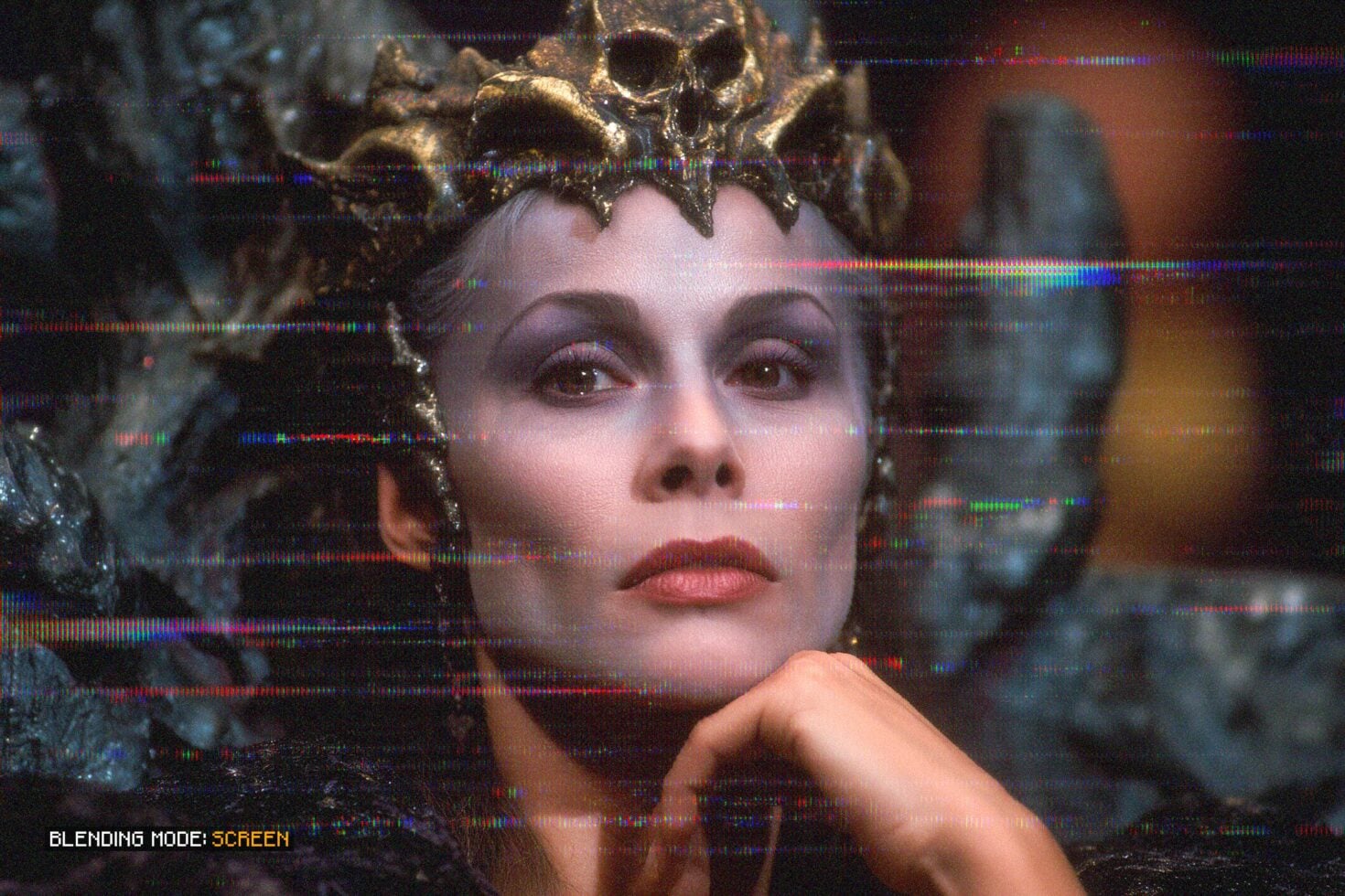 Vintage portrait with ornate gold skull crown, glitch effects, moody lighting, screen blend mode overlay