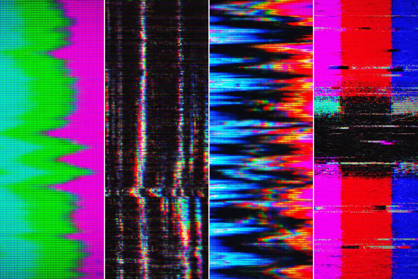 Four vibrant glitch art textures with neon colors, pixelation, scanlines, digital noise