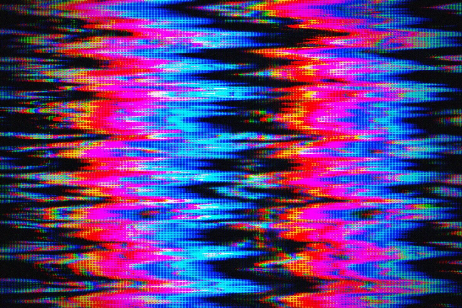 Vibrant digital glitch texture with neon pink, cyan, blue, orange streaks moving horizontally across black background