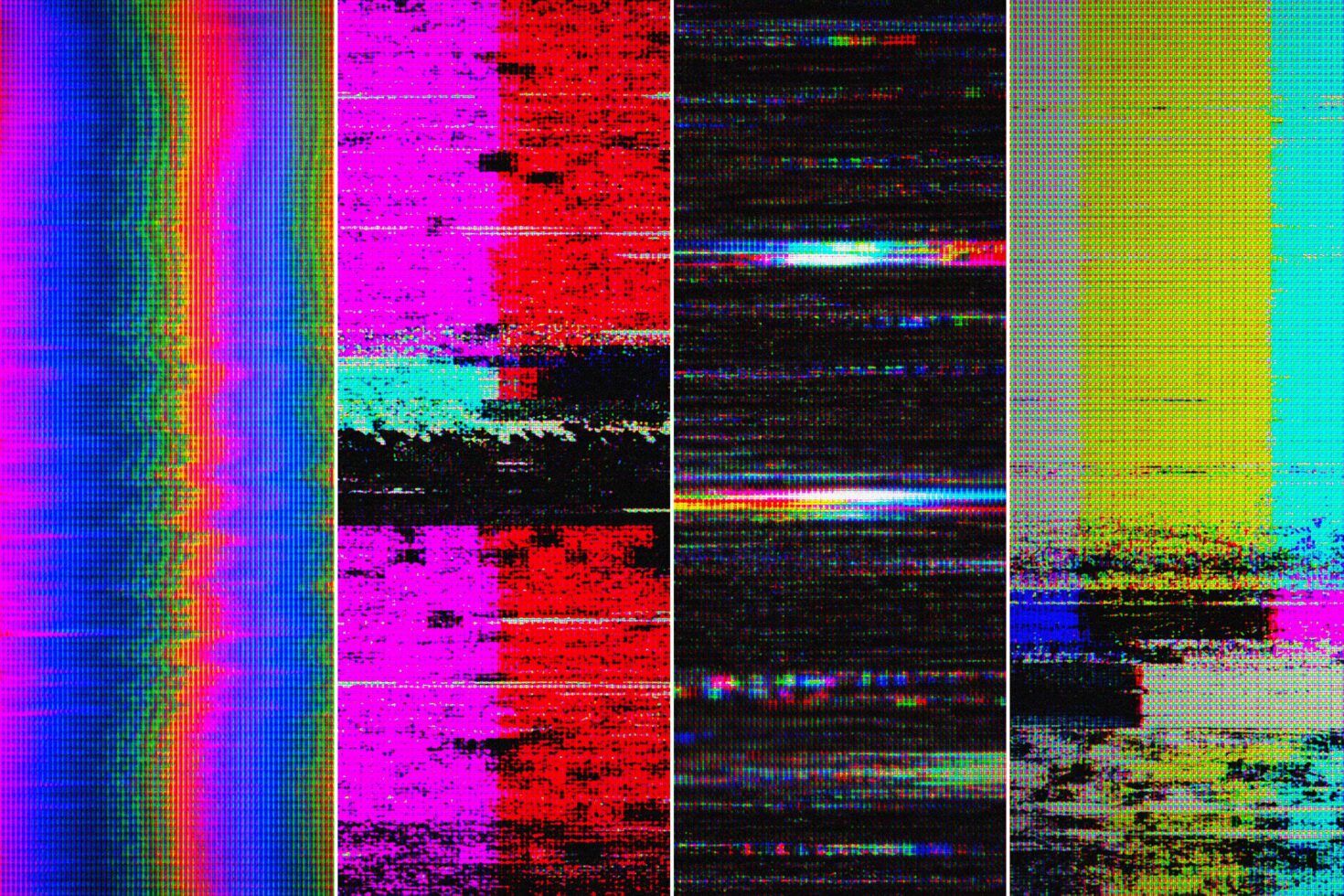 Four neon glitch textures with scan lines, noise, plus magenta, cyan, yellow color shifts
