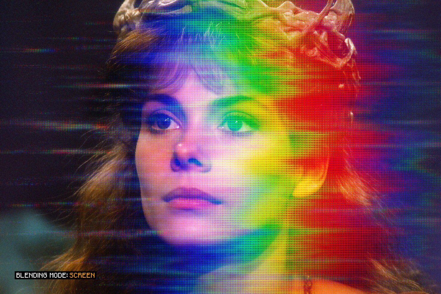 Glitchy portrait with rainbow gradient overlay, pixelated effect, screen blending mode applied