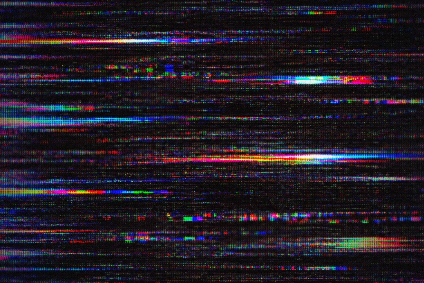 Glitchy RGB scan lines with neon colors bursting across dark static background