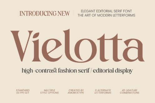 Vielotta serif font display with multiple style options, ligatures, elegant letterforms on cream background
