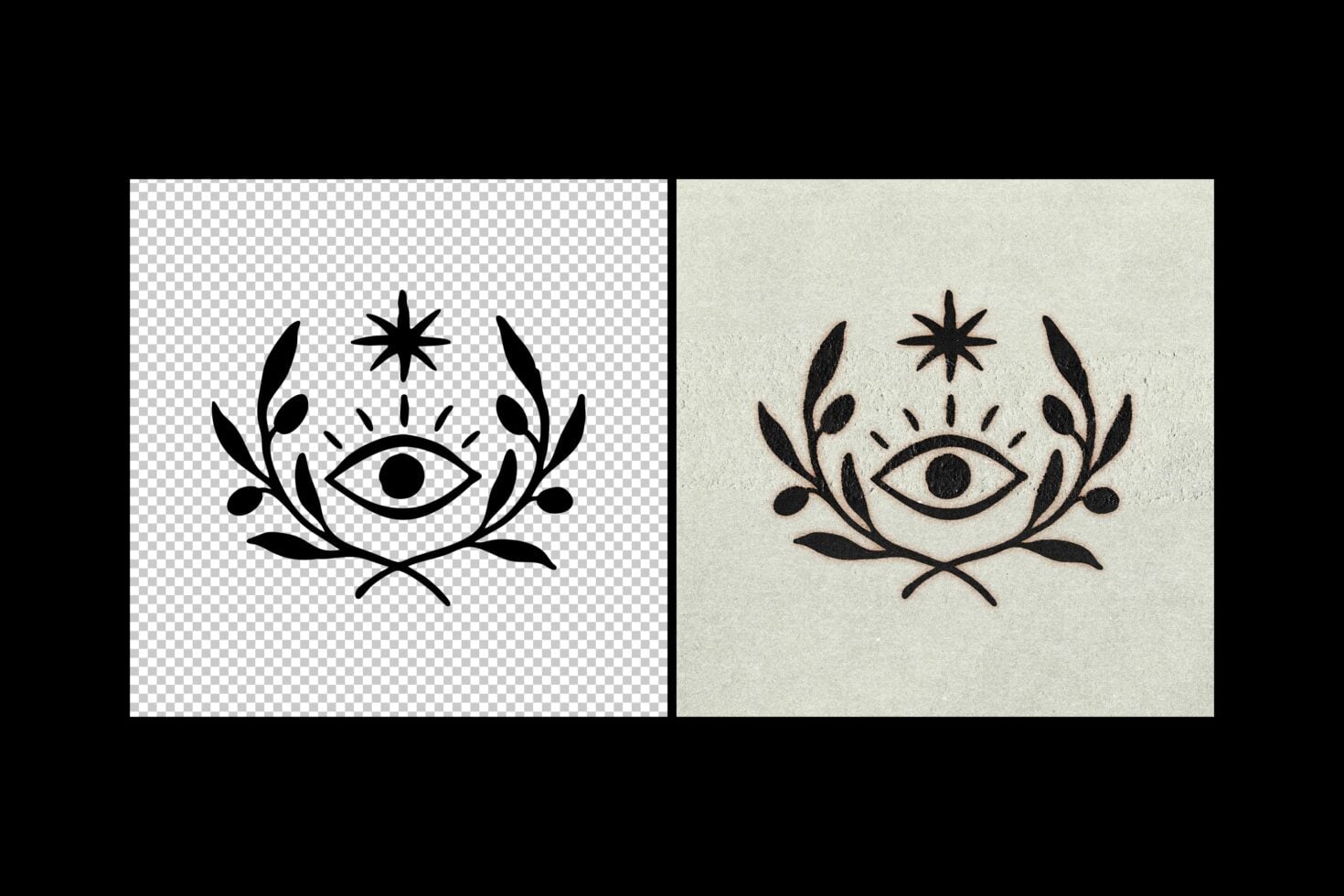 Mystical eye icon with botanical elements, star, shown on transparent plus cream backgrounds