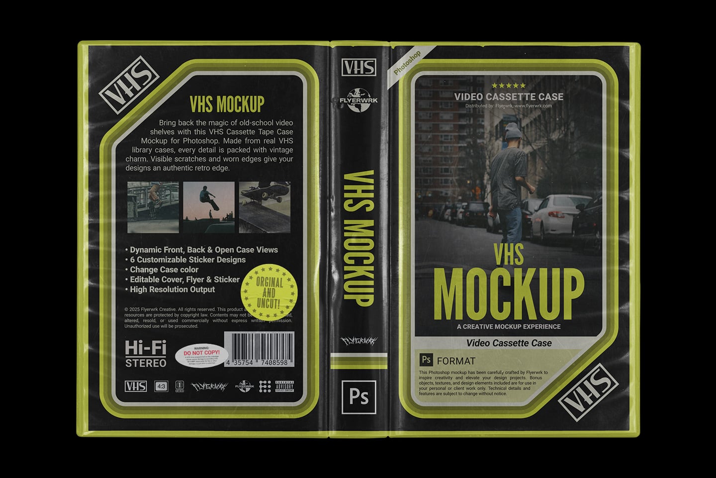 VHS cassette case mockup with neon lime border, front back open views, customizable stickers