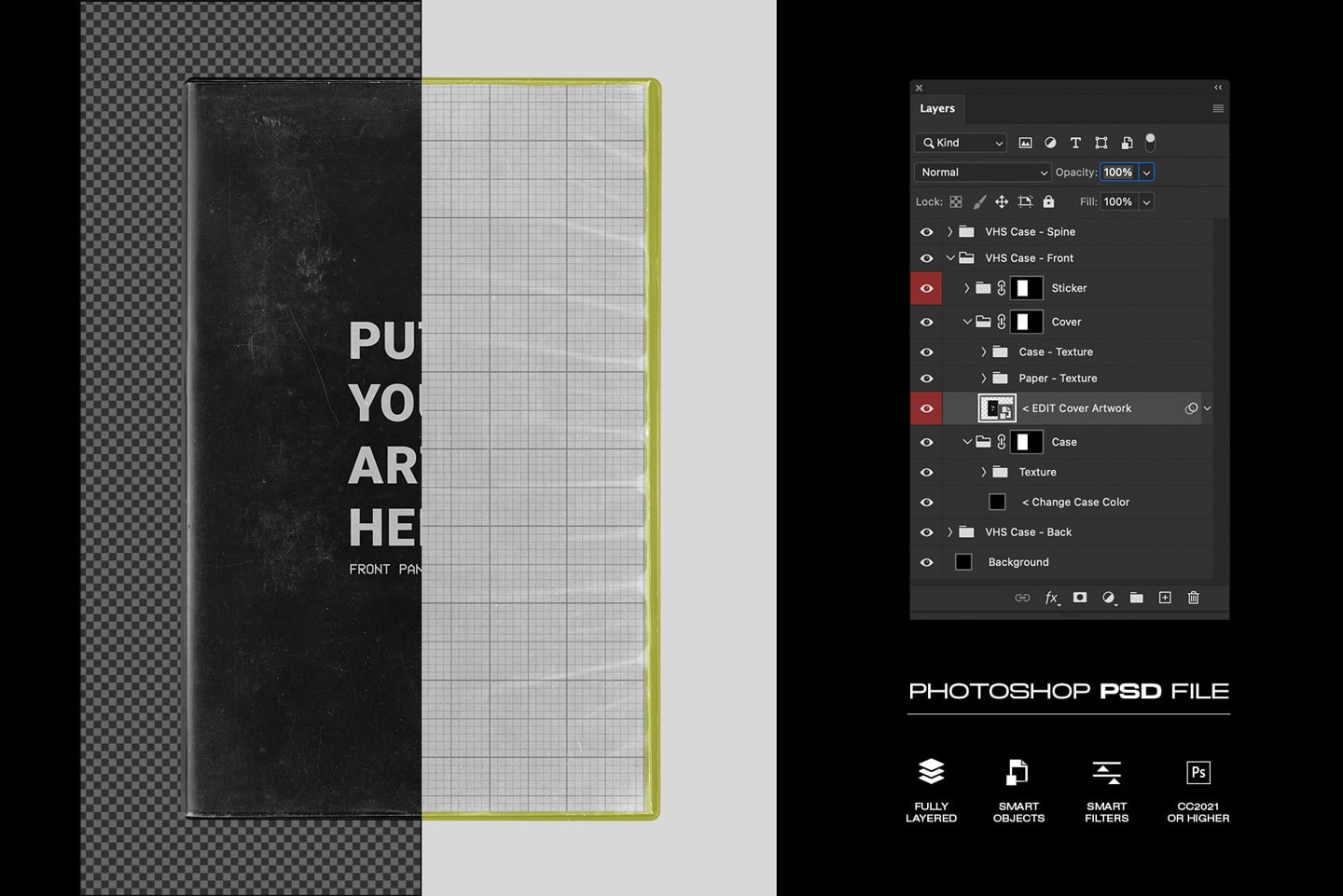 VHS case mockup with lime green spine, fully layered Photoshop file ready to customize