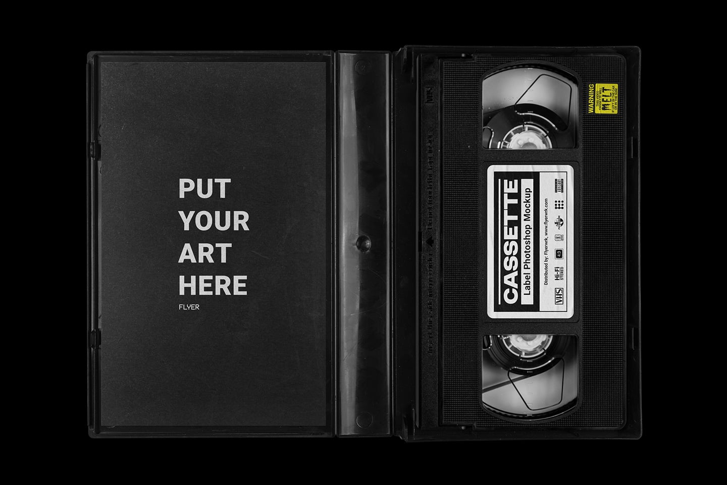 VHS cassette mockup with customizable flyer cover on black background