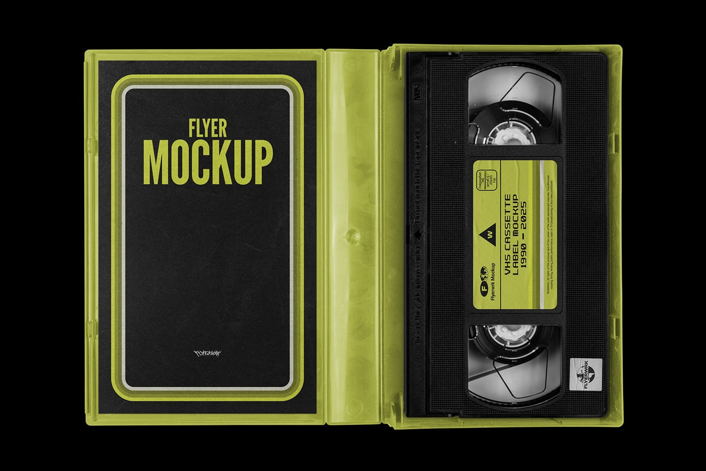 VHS cassette mockup with neon yellow case open to show tape, label artwork on spine