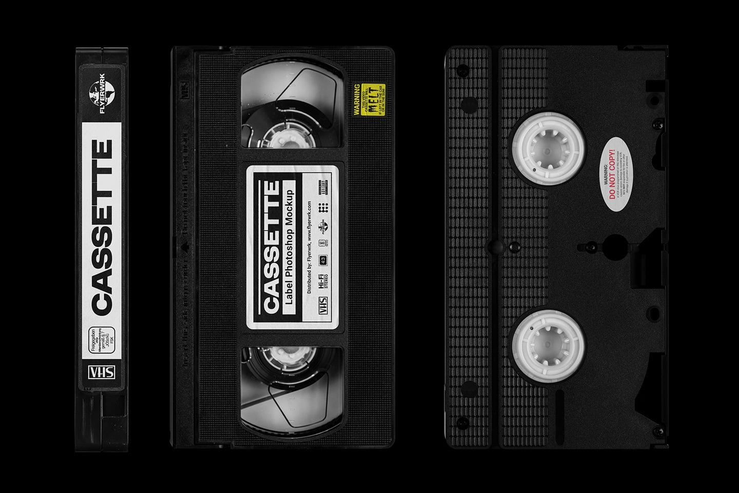 VHS cassette mockup showing front, spine, back with label template in black