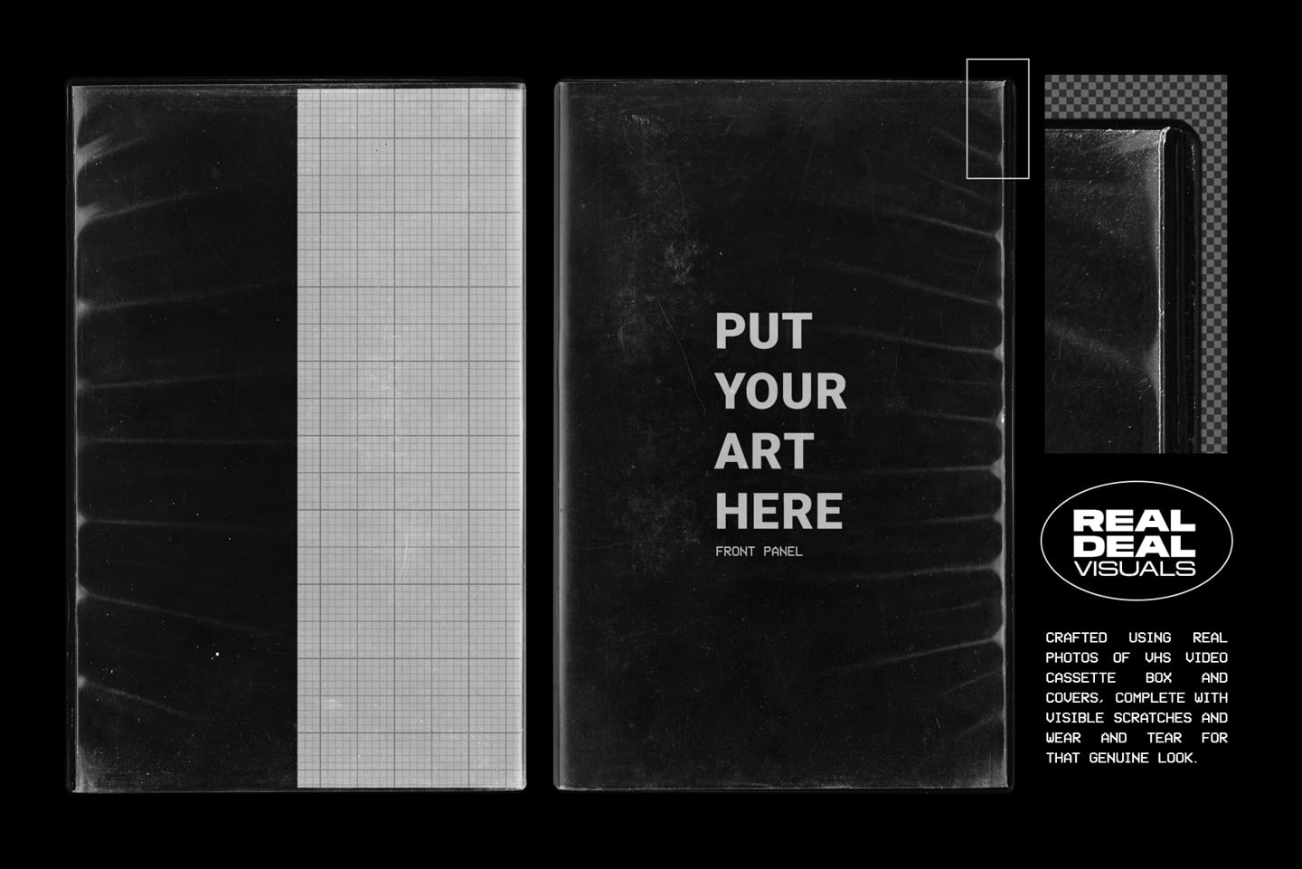 VHS cassette box mockup with worn black cover, grid paper insert, multiple angles shown