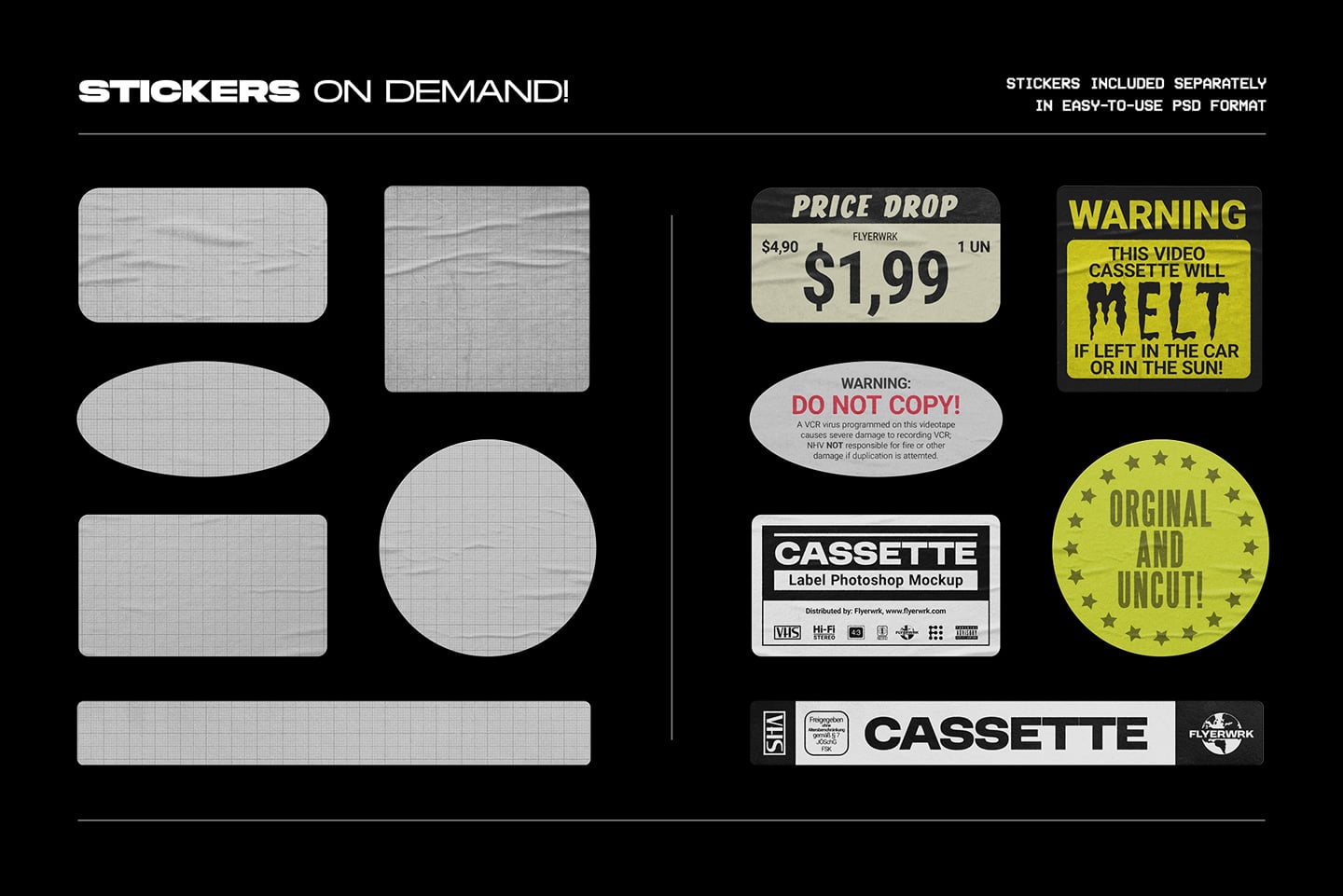 Retro cassette tape sticker pack with price drop, warning labels, circle badges in PSD format