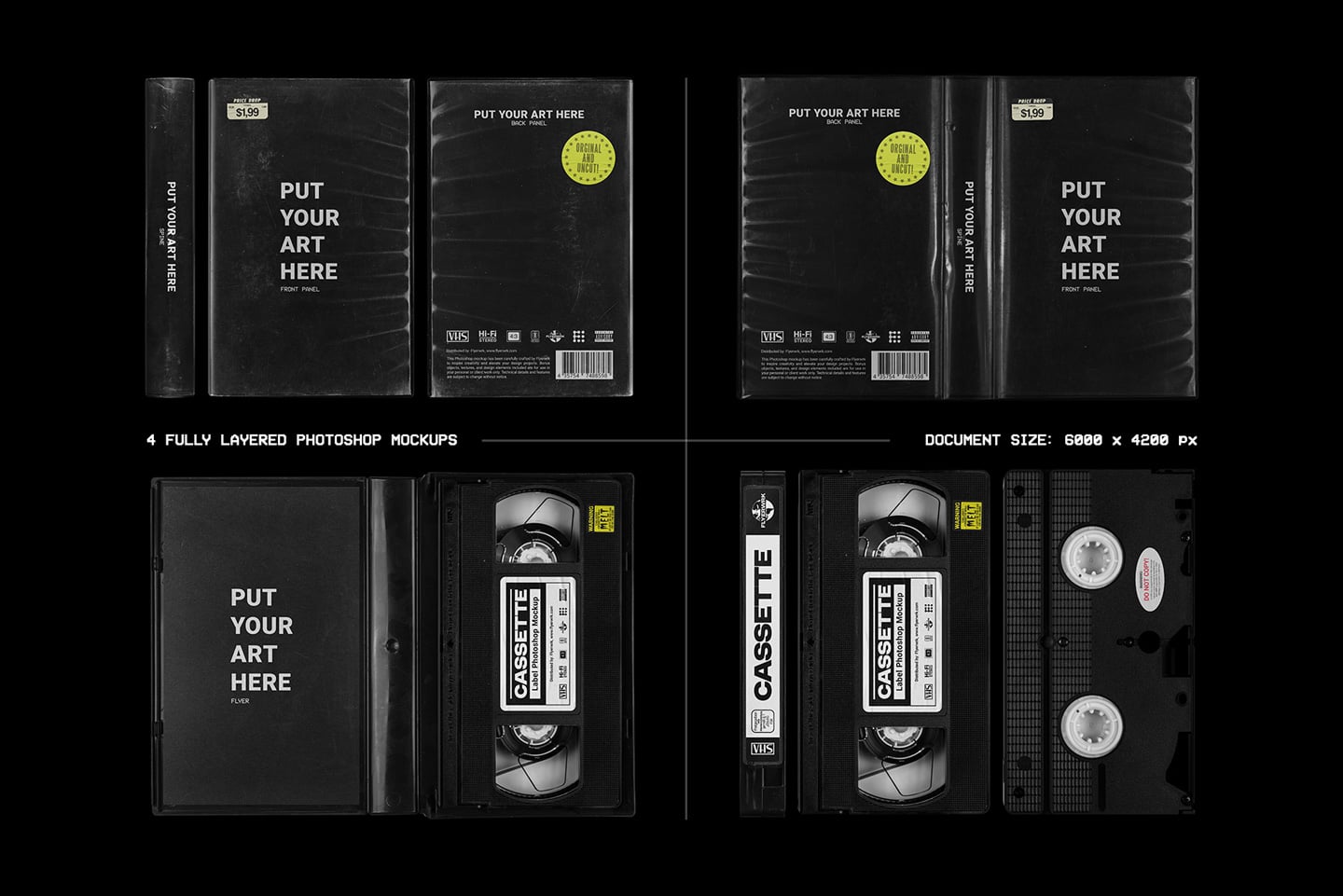 VHS box mockups with cassette tapes, DVDs, flyers in dark retro style packaging