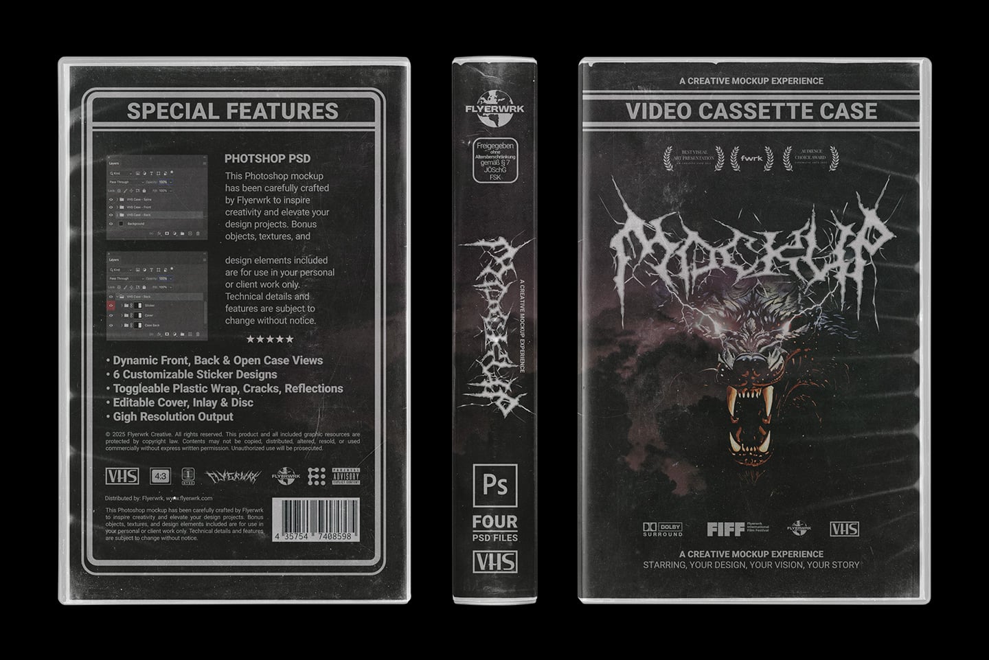 VHS video cassette case mockup with editable cover, spine, inlay disc designs