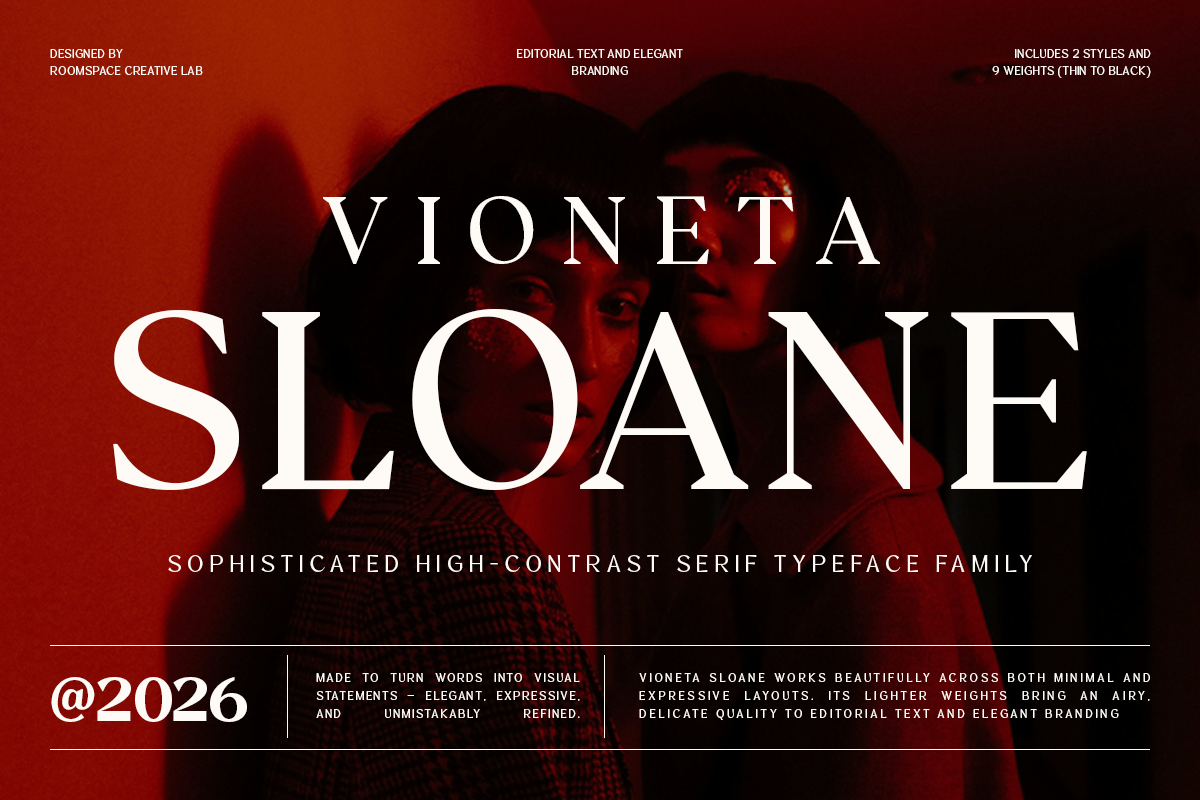 Vioneta Sloane serif typeface display with bold white letters on moody red backdrop