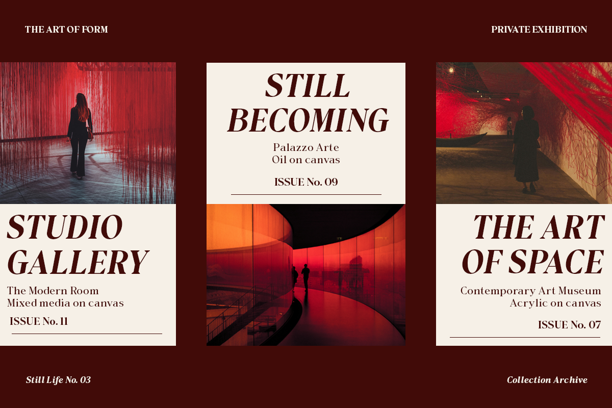 Gallery exhibition layout mockup with red immersive art installations, cream card overlay, burgundy background
