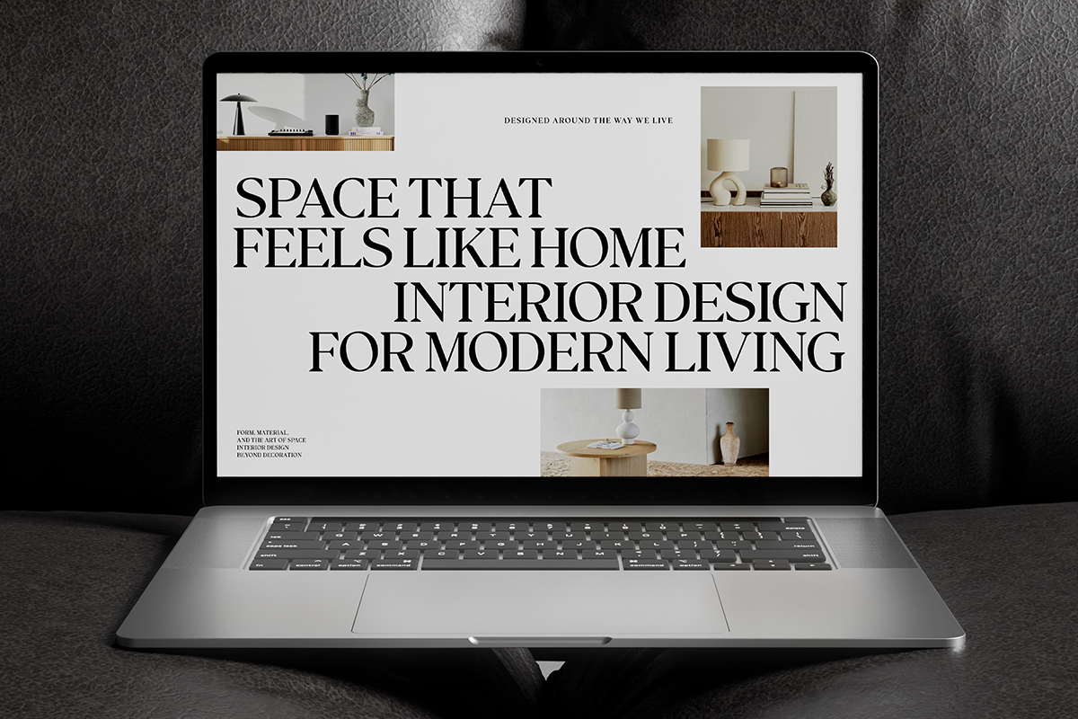 Laptop mockup displaying minimalist interior design website with serif typography, wooden furniture, neutral tones, ceramic accents
