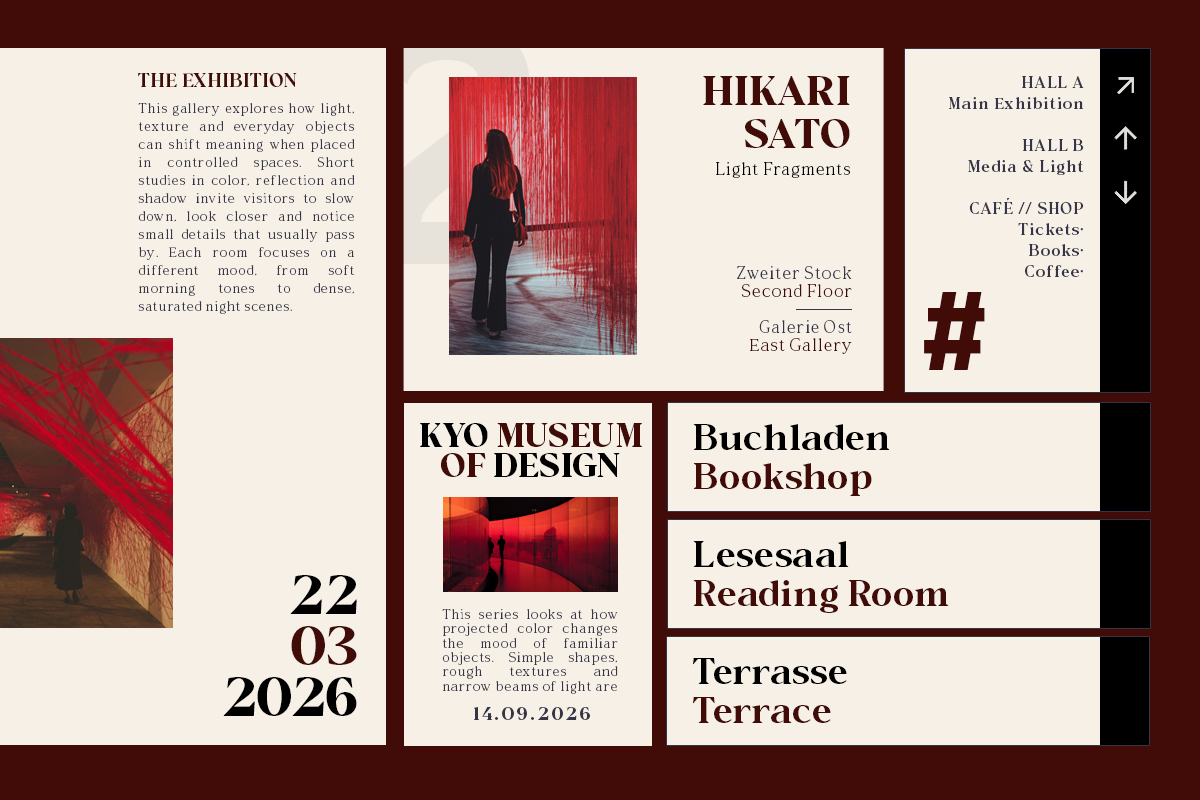 Minimalist gallery wayfinding poster with cream background, burgundy accents, exhibition info layout