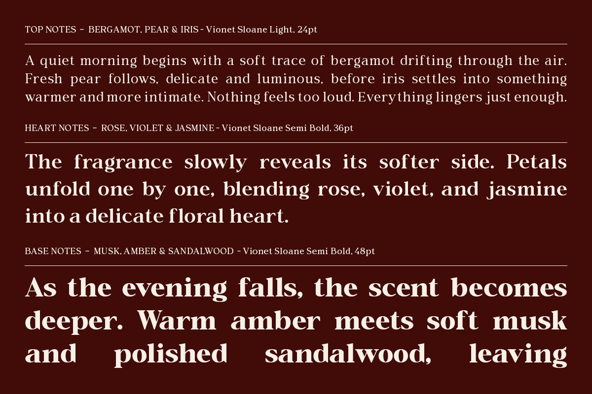 Fragrance description mockup with bergamot, pear, iris, rose, violet, jasmine, musk, amber, sandalwood notes on dark burgundy background