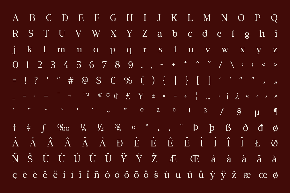 Elegant serif font displaying full character set with uppercase, lowercase, numbers, symbols, accents on deep burgundy background