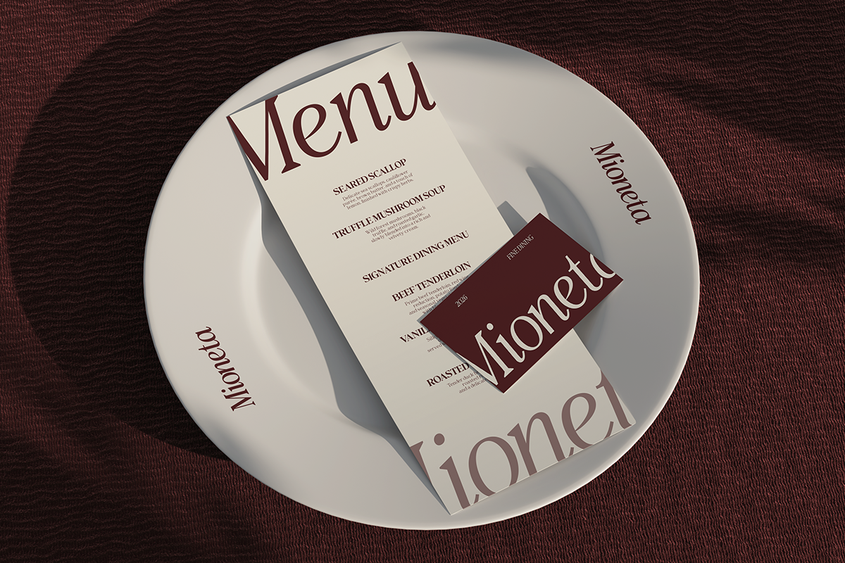 Overhead shot of menu card mockup on white plate with burgundy wine bottle label