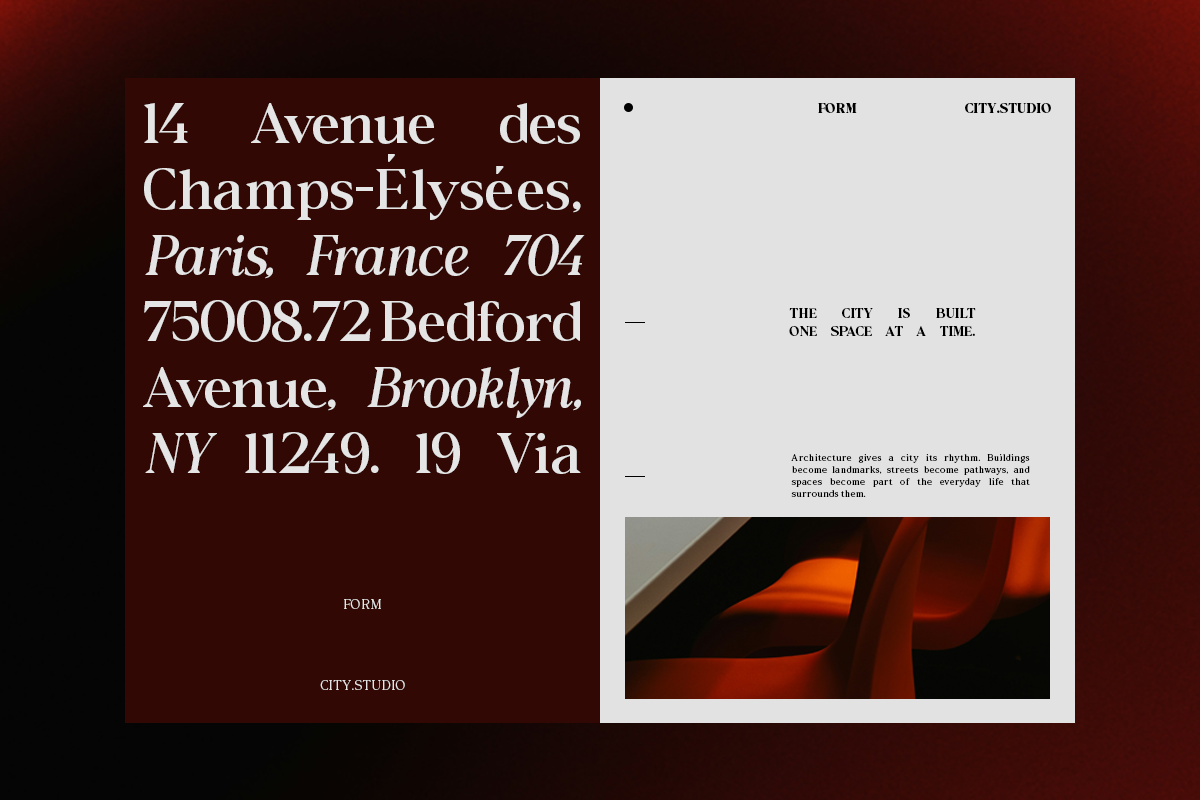 Luxury architecture portfolio spread with burgundy left page showing Paris addresses in serif type, cream right page with City Studio branding, philosophy text, plus orange architectural detail photo