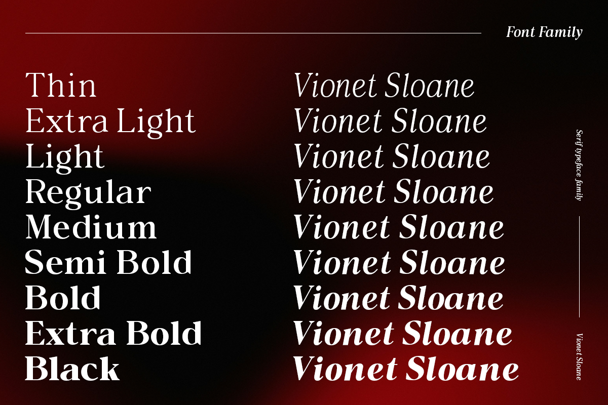Vionet Sloane serif typeface showing 9 weights from thin to black on deep burgundy background