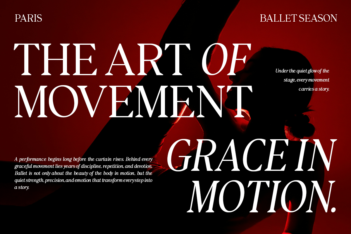 Elegant red ballet poster with silhouetted dancer, serif typography, Paris season promo design