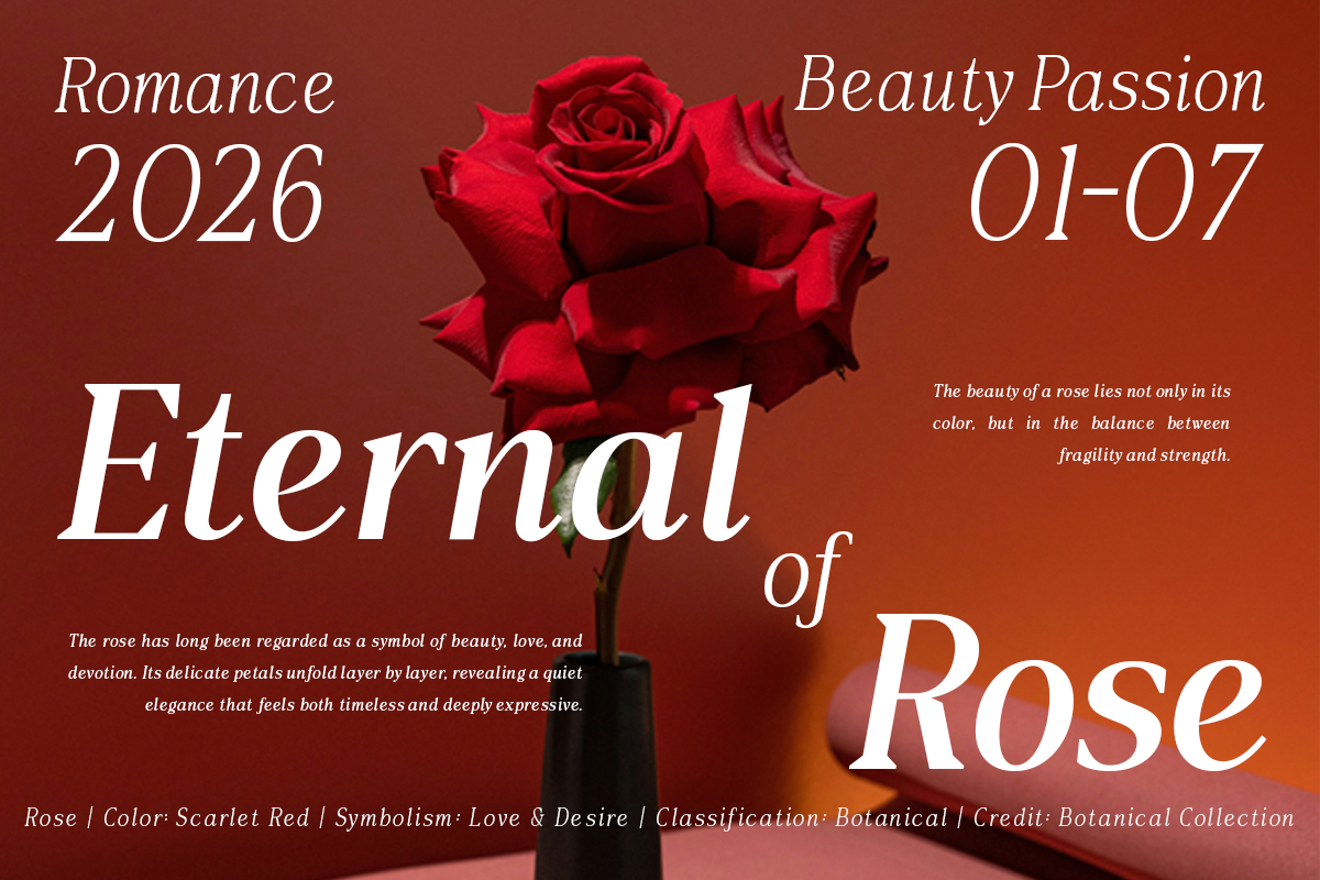 Blooming red rose on warm gradient background with overlaid typography for Romance 2026 collection
