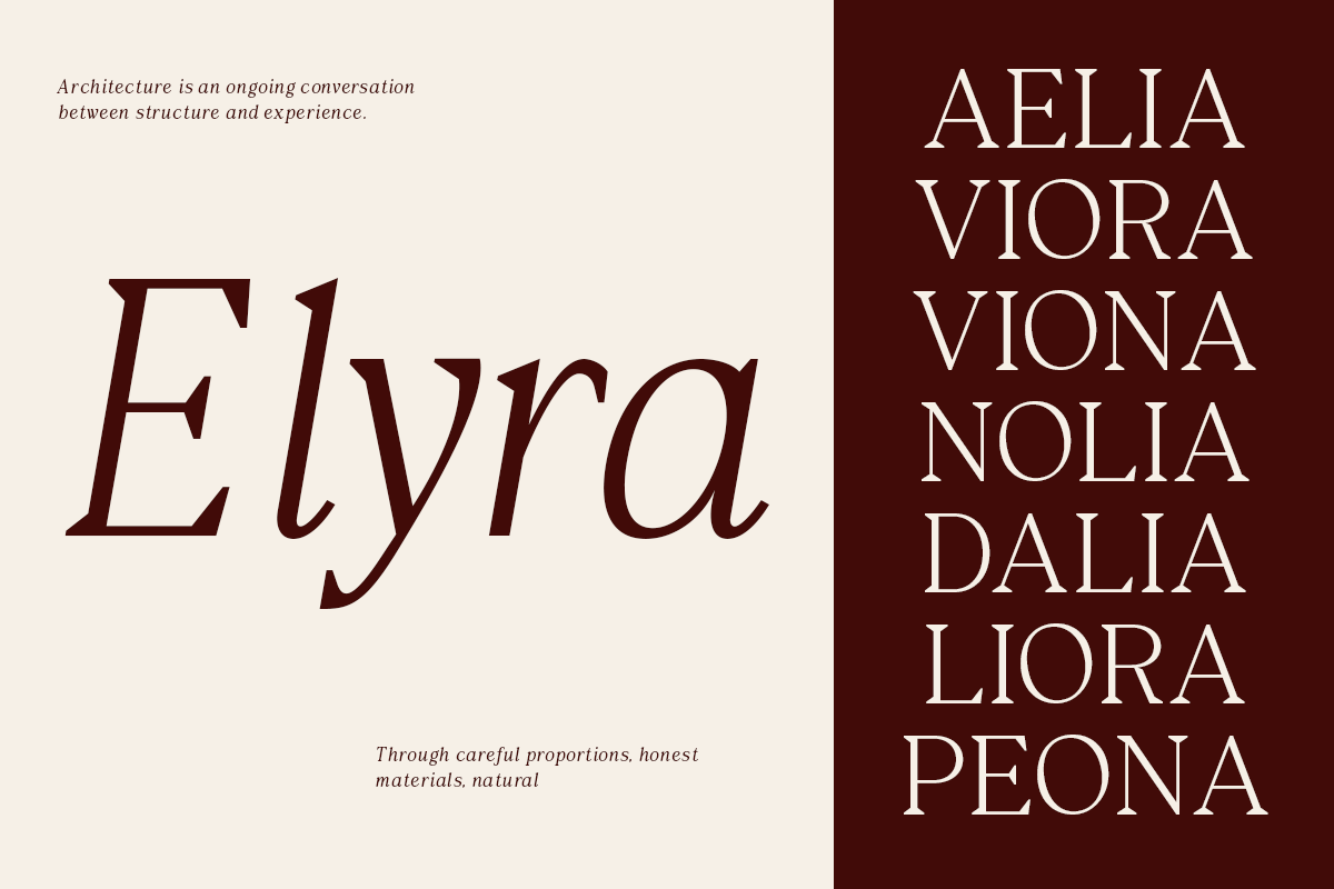 Elegant serif font showcase with split layout, cream left side featuring large Eyra text, burgundy right side displaying multiple font names in white capitals