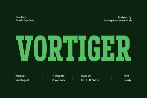 Vortiger typeface family in bright green on dark green background with specs