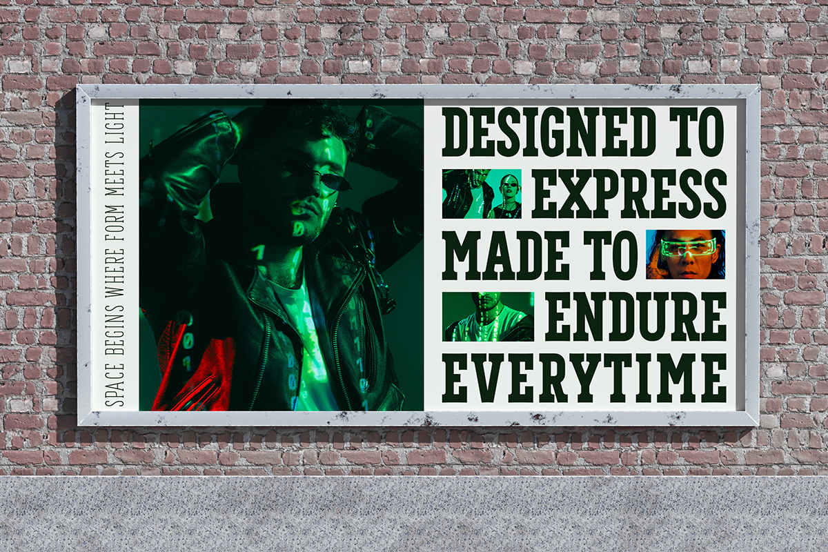Bold billboard mockup mounted on brick wall with neon green edgy imagery, heavy typography, photo cutouts in white frame