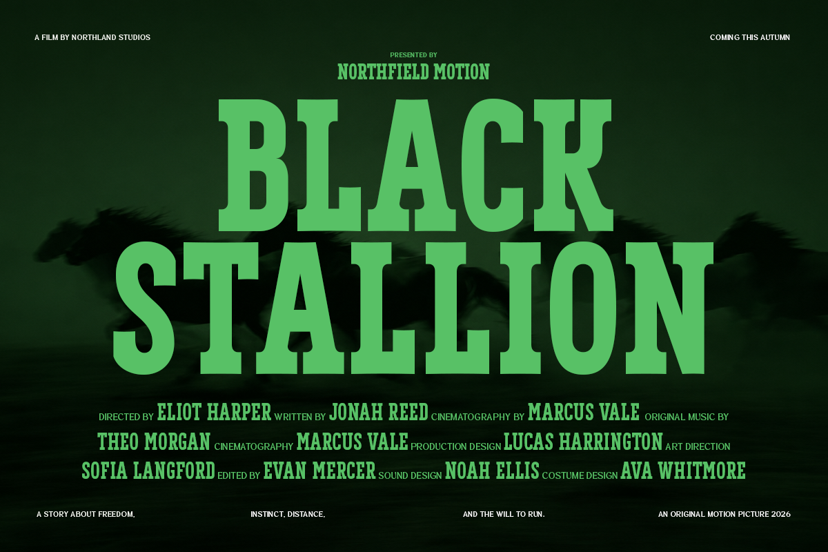 Movie poster with bold lime green typography on dark forest background, credits listed below