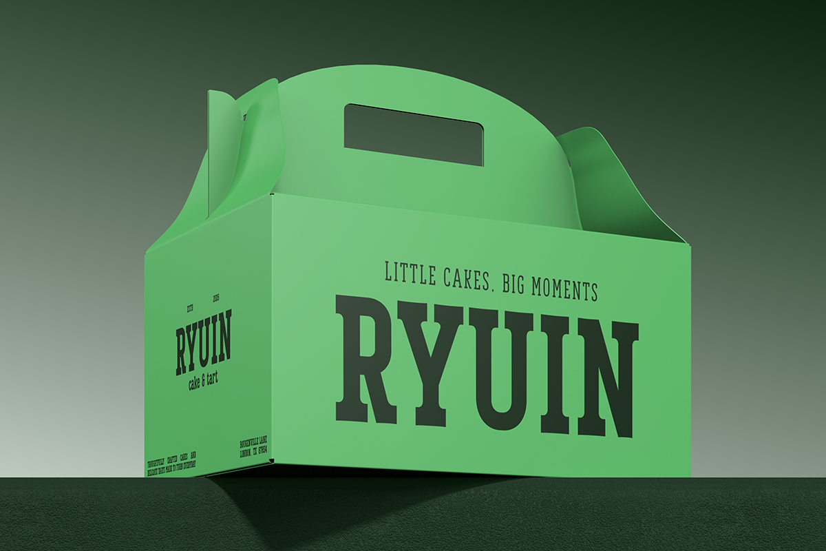 Bright green bakery box mockup with handle, dark text reading "RYUIN" plus tagline on front panel