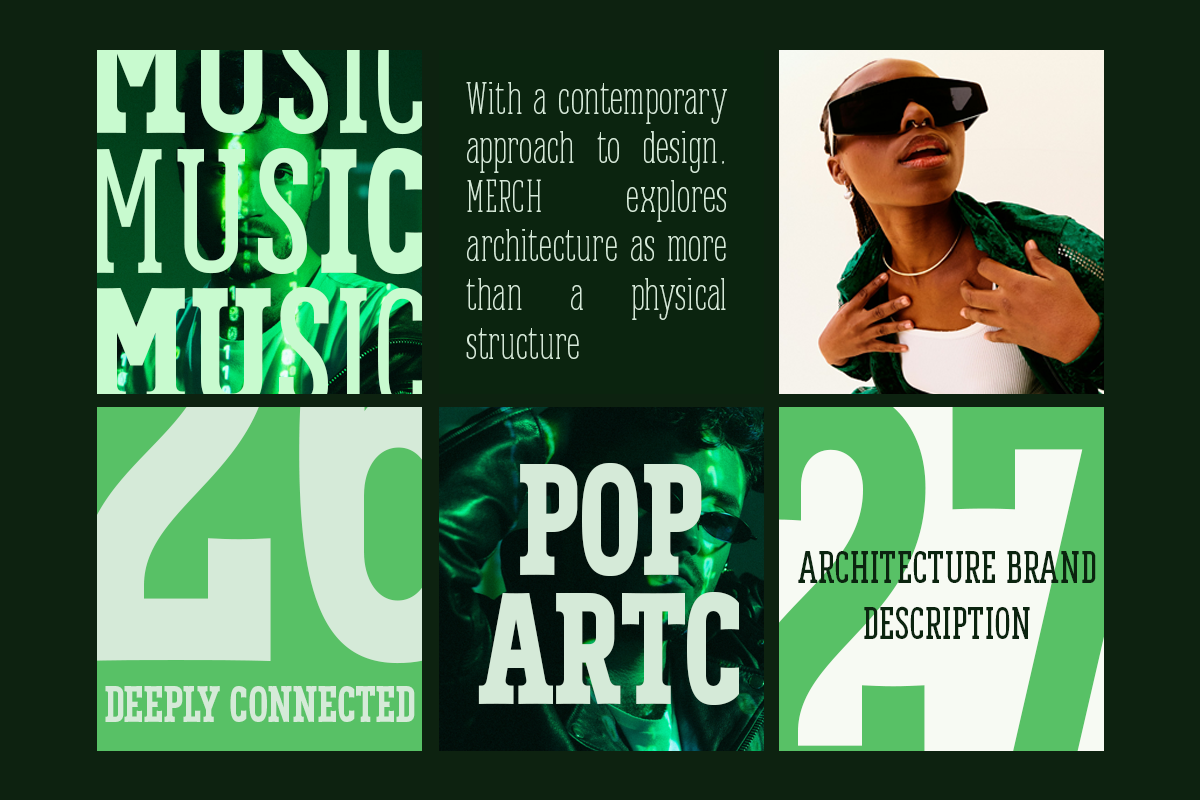 Bold grid layout with bright green typography on dark background, person in sunglasses, contemporary design aesthetic