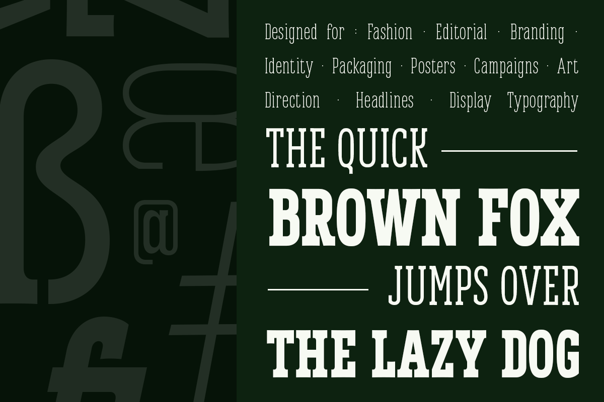 Bold serif typeface sample showing "The Quick Brown Fox Jumps Over Lazy Dog" on forest green background with decorative numbers