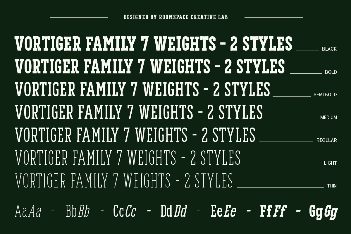 Vortiger serif font family with 7 weights plus italics on dark green background