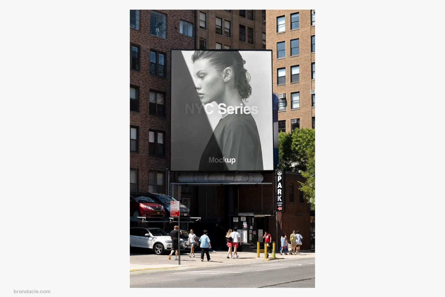 Billboard mockup on urban street with brick buildings, portrait photo, white text overlay