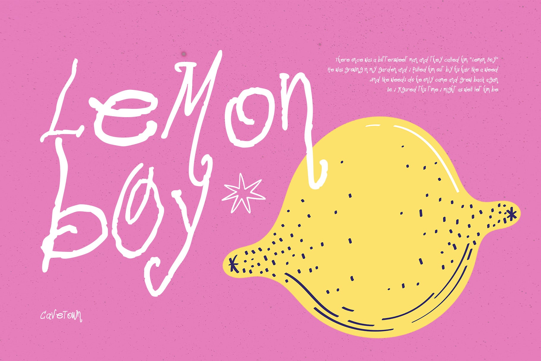 Bright pink background with hand-drawn "Lemon Boy" text in white, cheerful yellow lemon with black dots on the right