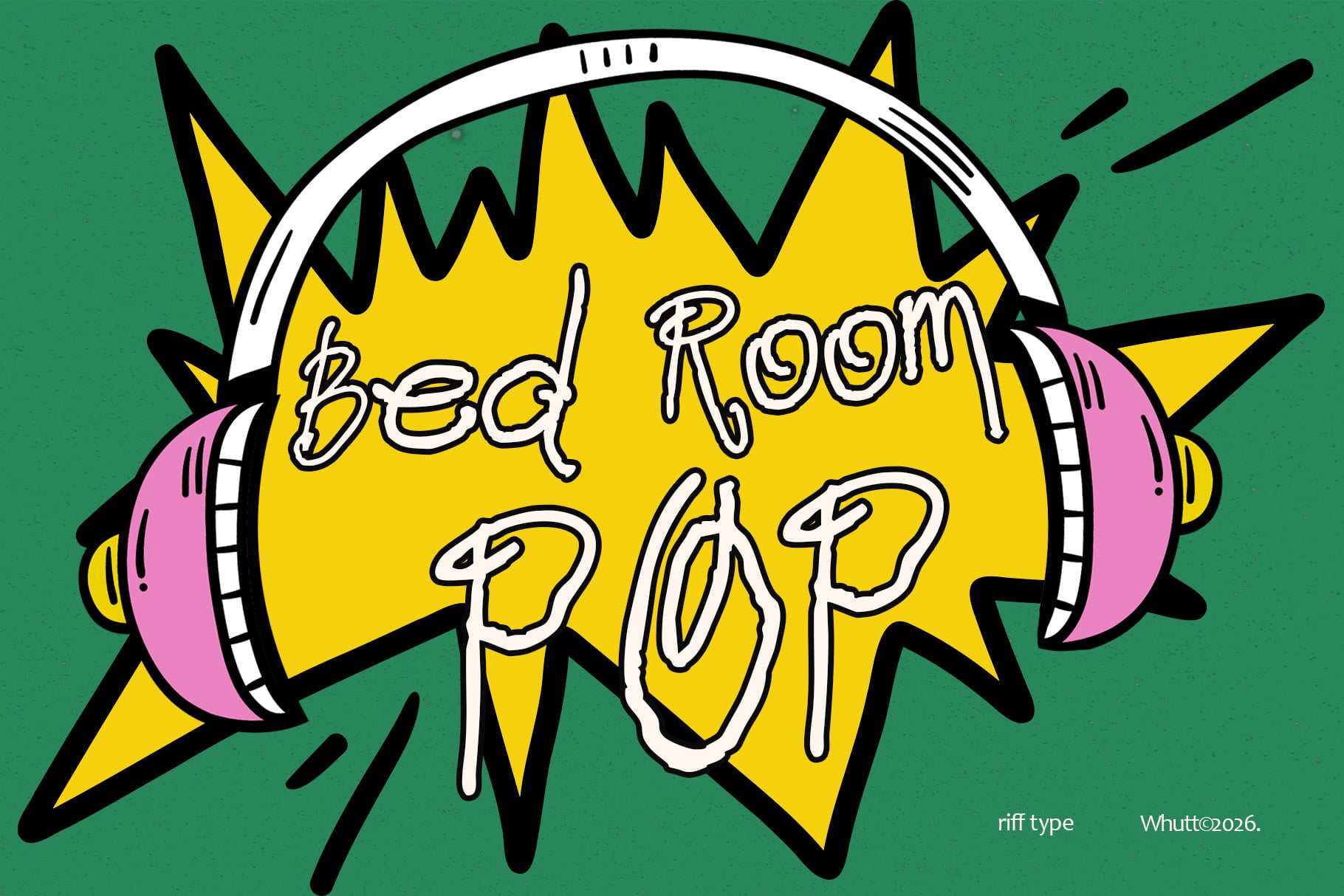 Retro comic book speech bubble with Bed Room Pop text on bright yellow starburst