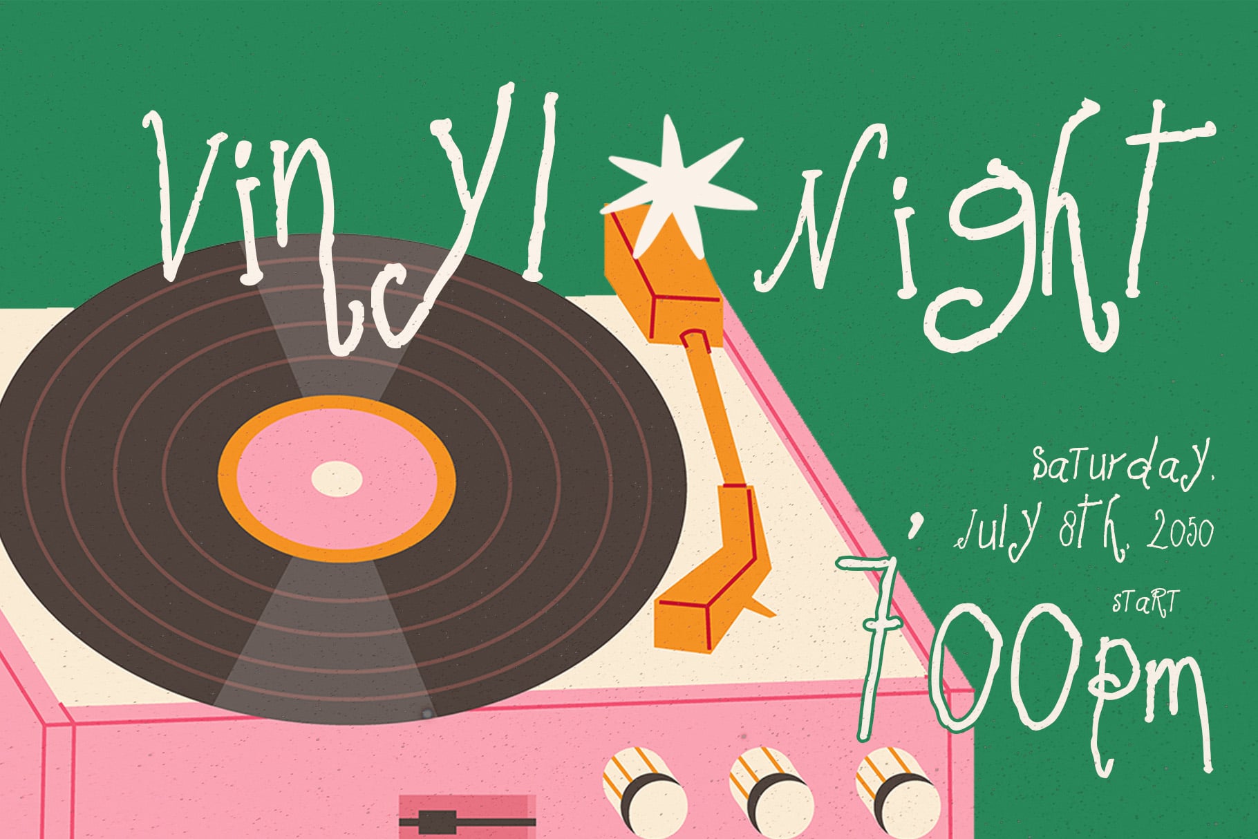 Vinyl record player illustration with handwritten text promoting a night event on green background
