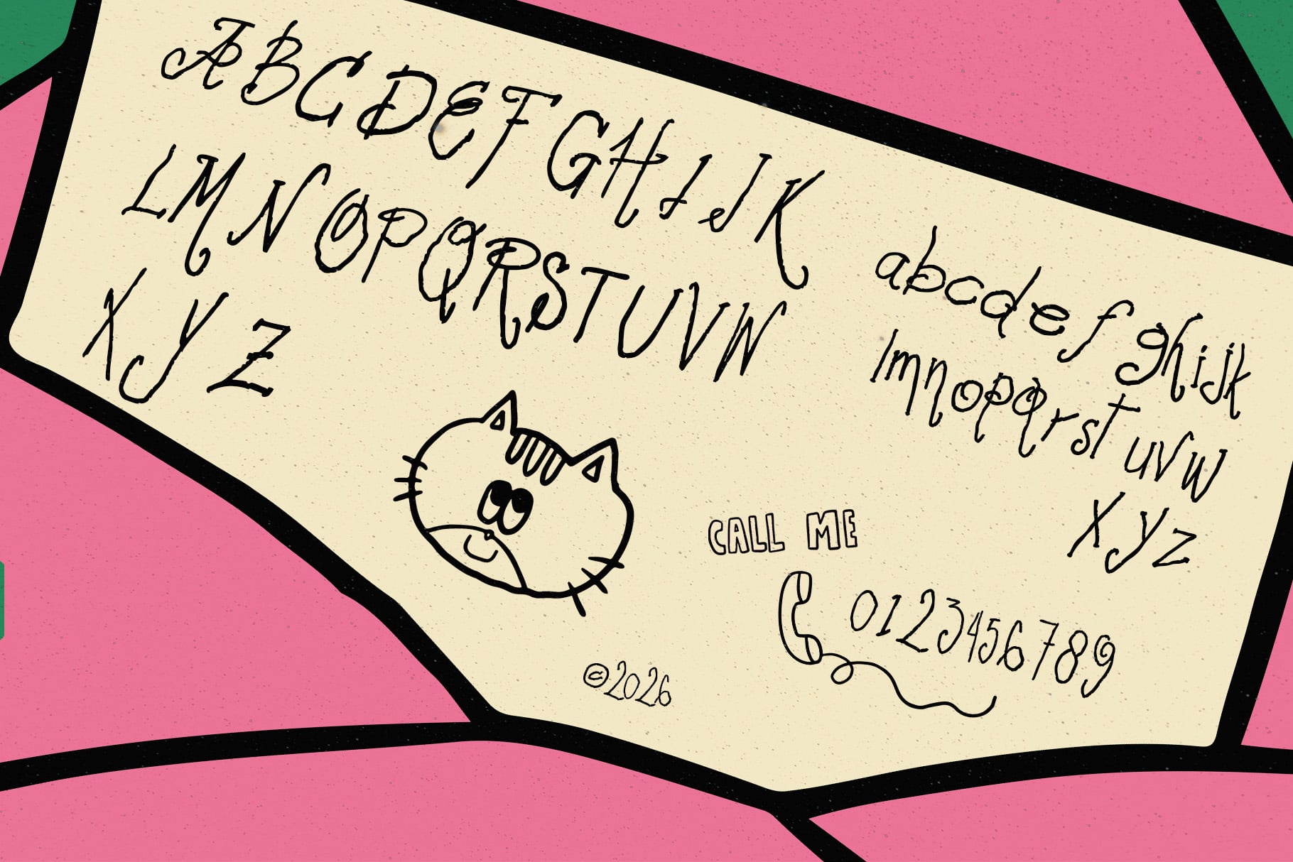 Handwritten font specimen sheet with full alphabet, cute cat doodle, phone number against pink background