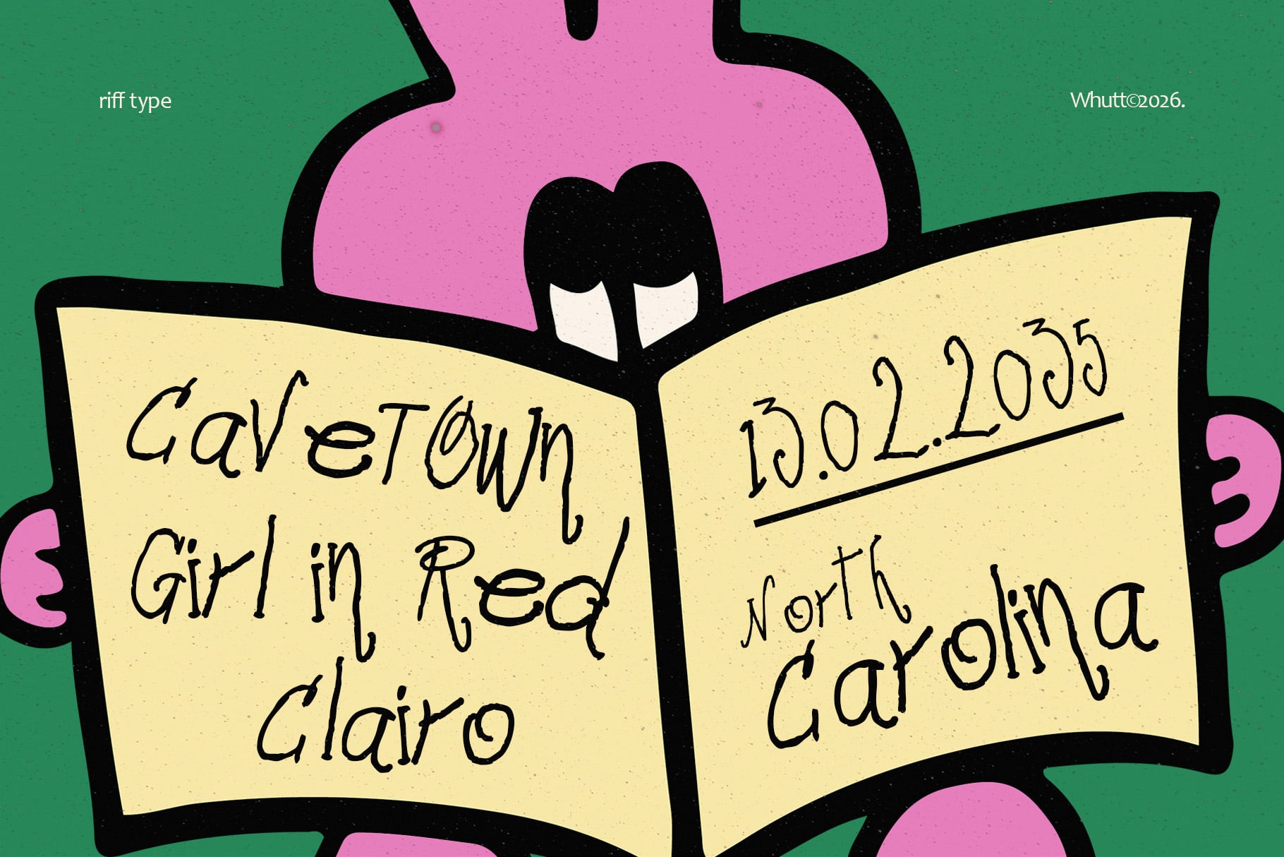 Illustrated character with pink head reading open book with handwritten text on cream pages against green background