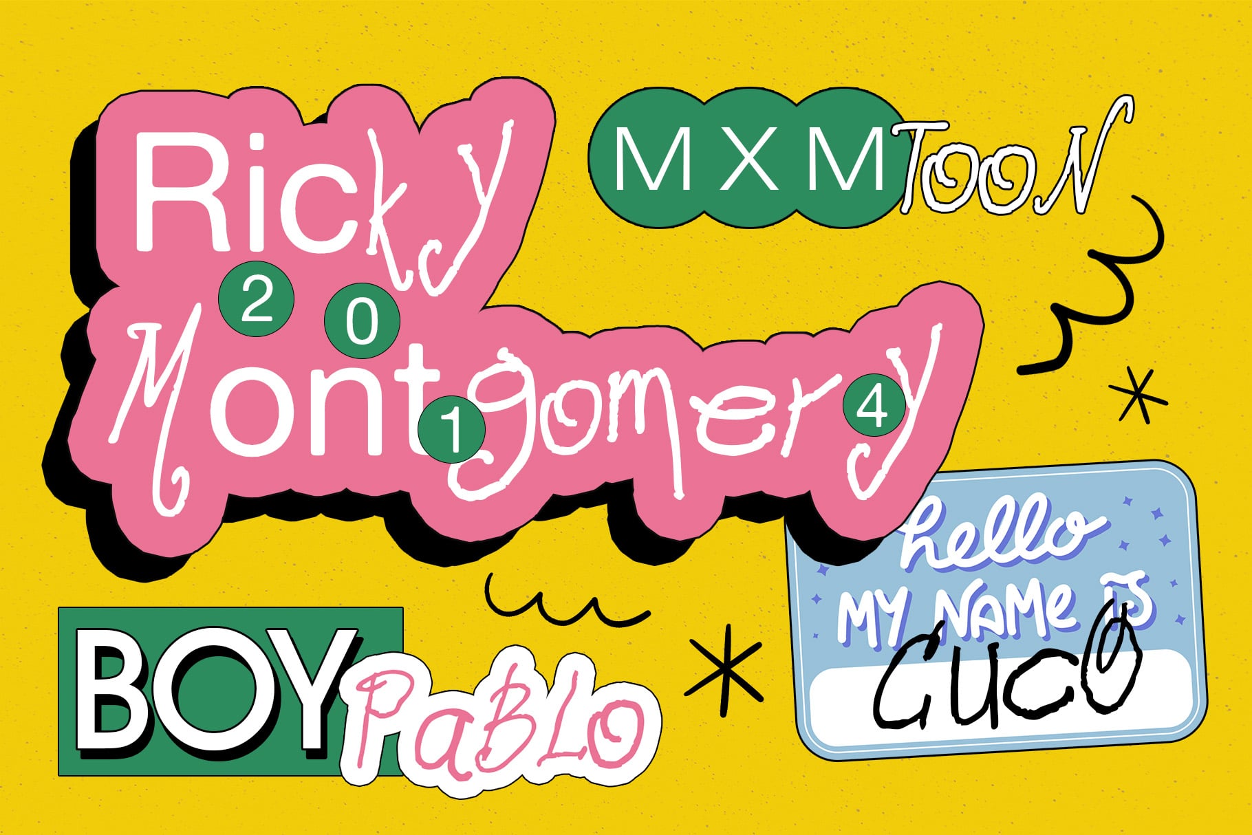 Colorful sticker pack with retro cartoon speech bubbles, playful fonts, pink, green, teal on yellow background