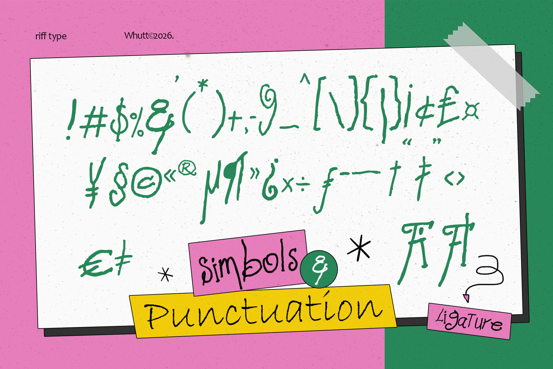 Handwritten font specimen showing symbols, punctuation, currency characters in green ink on white paper with colorful label accents