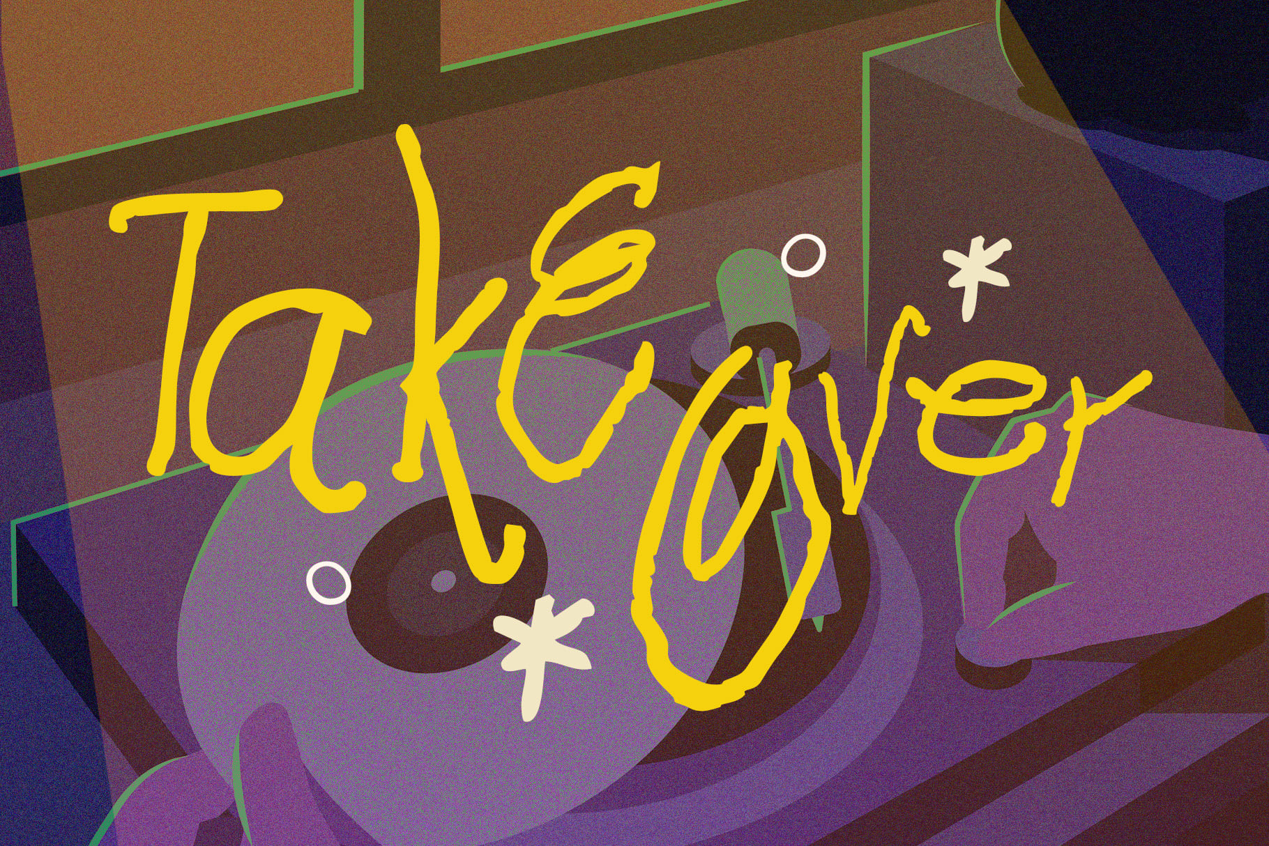 Bright yellow hand-drawn text saying "love u" layered over colorful abstract shapes in purple, brown, plus neon green outlines