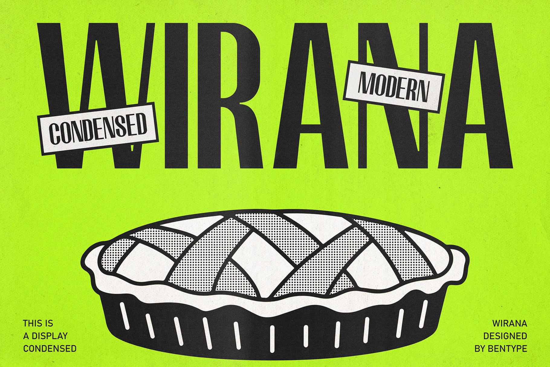 Bold retro pie graphic with neon lime background, chunky black condensed type with white label badges